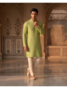 PRATEEK MUNJAL - Lime Green Floral Bead Work Kurta with Pant