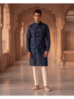 PRATEEK MUNJAL - Navy Blue Embroidered Kurta with Pant and Nehru Jacket