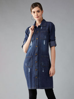 DOLCE CRUDO - Womens Blue Solid Full Sleeves Denim Overcoat Knee-Length Jacket