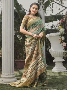 Akhilam - Women Soft Silk Green Printed Celebrity Saree with Unstitched Blouse