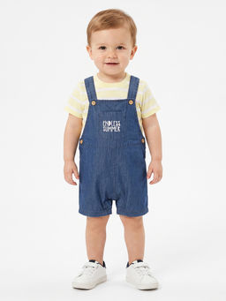 MINI KLUB - Blue Denim Dungaree With Yellow Striped Cotton T-Shirt