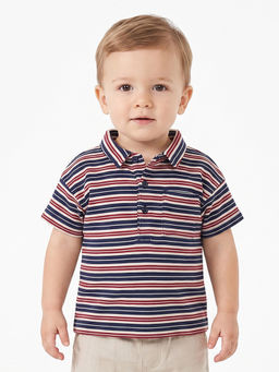MINI KLUB - Navy Blue, Red And White Striped Cotton Polo T-Shirt