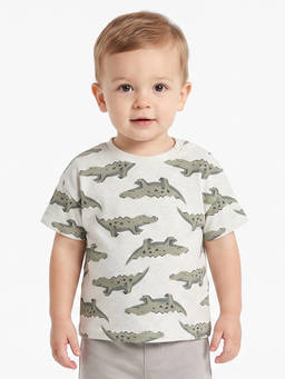 MINI KLUB - Off White Crocodile Printed Cotton T-Shirt
