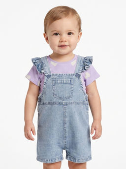 MINI KLUB - Light Blue Denim Dungaree With Purple Heart Printed T-Shirt