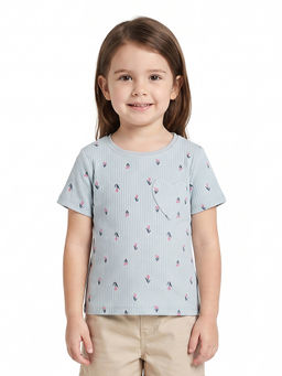 MINI KLUB - Light Blue Floral Printed Ribbed Cotton T-Shirt