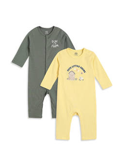 MINI KLUB - Green And Yellow Cotton Graphic Printed Full-Length Rompers (Pack of 2)