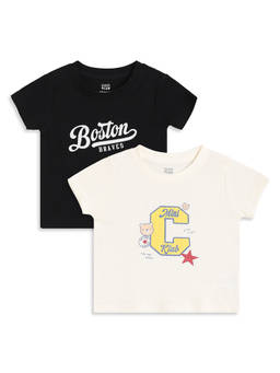 MINI KLUB - Black And Off-White Ribbed Cotton Graphic Printed T-Shirts (Pack of 2)
