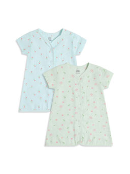 MINI KLUB - Blue And Green Cotton Floral Printed Front Open Dresses (Pack of 2)