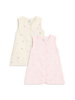 MINI KLUB - Off-White And Pink Cotton Printed Sleeveless Dresses (Pack of 2)