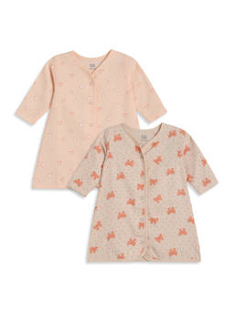 MINI KLUB - Peach And Beige Cotton Heart with Bow Printed Dresses (Pack of 2)
