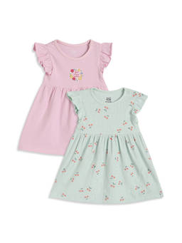 MINI KLUB - Pink And Light Green Cotton Printed Dresses (Pack of 2)