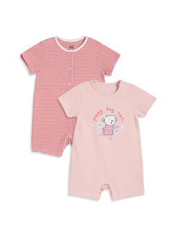 MINI KLUB - Red And White Striped And Pink Puppy Graphic Cotton Rompers (Pack of 2)