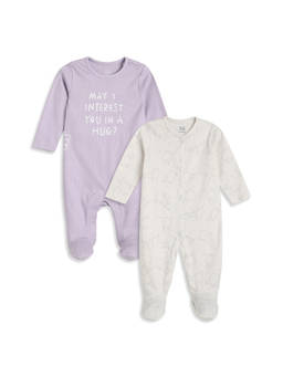MINI KLUB - Baby Unisex Lilac And Off-White Cotton Printed Sleepsuits (Pack of 2)