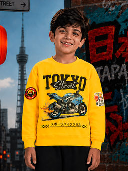 KiddoPanti - Boys Round Neck Tokyo Street Sports Bike Graphic Printed Sweatshirt