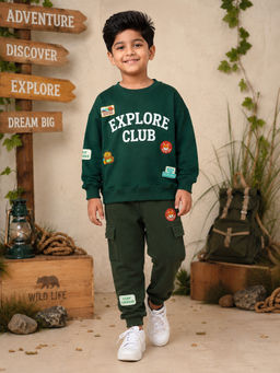 KiddoPanti - Boys Explore Club Graphic Printed Sweatshirt With Cargo Joggers