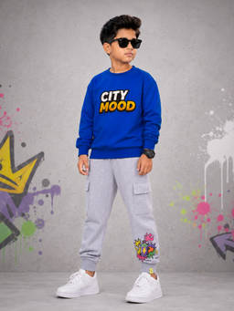 KiddoPanti - Boys City Mood Printed Sweatshirt With Spray Paint Cargo Joggers