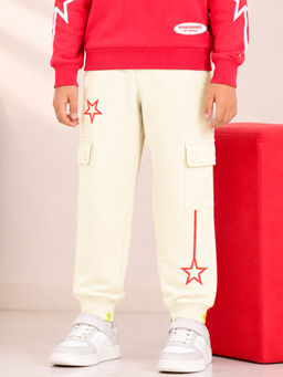 KiddoPanti - Boys Red Star Side Graphic Printed Cargo Joggers