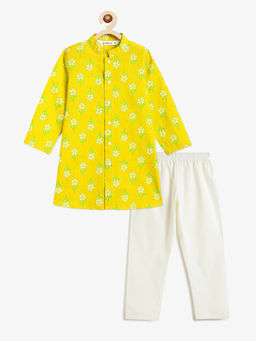Campana - Boys Mrinal Floral Print Kurta And Pyjama - Lime Green