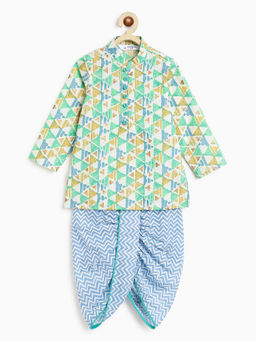 Campana - Boys Mehul Geometric Print Dhoti And Kurta - White, Green with Blue