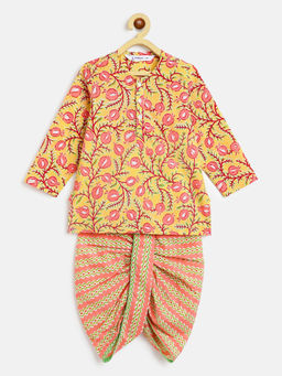 Campana - Boys Bansi Anaar Print Dhoti And Kurta- Yellow with Peach