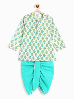 Campana - Boys Bansi Kantha Block Print Dhoti And Kurta - White with Turquoise
