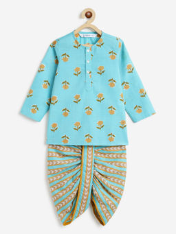 Campana - Boys Bansi Floral Print Dhoti And Kurta - Blue with Mustard