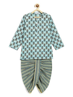 Campana - Boys Bansi Floral Blockprint And Striped Dhoti with Kurta -Turquoise