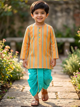 Campana - Boys Bansi Striped Dhoti And Kurta-Orange