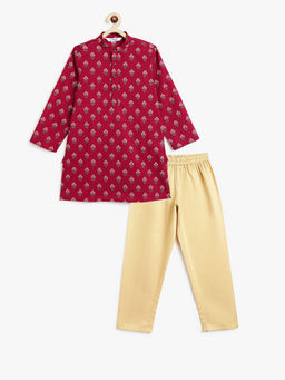 Campana - Boys Palash Floral Blockprint Kurta And Pyjama-Maroon