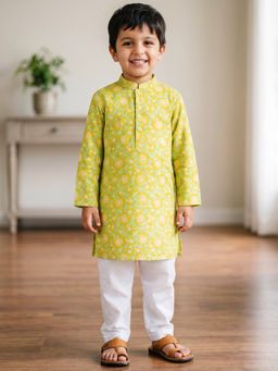 Campana - Boys Palash Jaal Print Kurta And Pyjama -Green