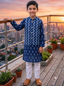 Campana - Boys Nishant Printed Kurta And Pyjama With Jacket-Navy Blue