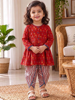 Campana - Girls Asmi Floral Kurta With Striped Dhoti - Red