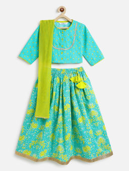 Campana - Girls Koel Floral Printed Lehenga And Choli With Dupatta - Turquoise