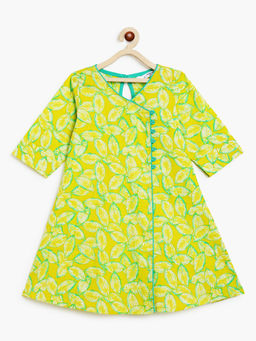 Campana - Girls Mira Leafy Print Kurta - Lime Green