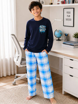 Ninos Dreams - Cotton Navy Blue Checkered Pyjama With T-Shirt for Boys