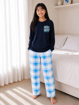 Ninos Dreams - Cotton Navy Blue Checkered Pyjama With Free Will Text T-Shirt for Girls