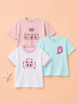 Kidbea - Cotton Graphic Crew Neck Short Sleeve Regular Fit T-shirts for Unisex (Pack of 3)