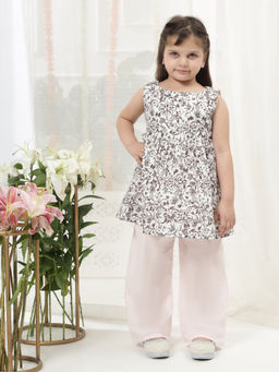 Little Bansi - Girls Floral Cotton Kurta With Pant - Off White