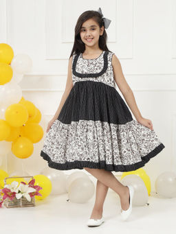 Little Bansi - Girls Cotton Sleeveless Floral Frill Frock -Black