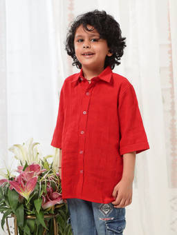 Little Bansi - Boys Cotton Heart Jacquard Shirt - Red