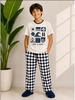 Ninos Dreams - Cotton White Checkered Pyjama With T-Shirt