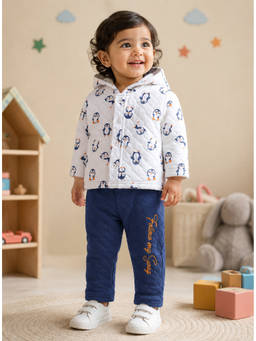 Bumzee - White And Navy Boys Full Sleeves Winter Hoodie And Joggers
