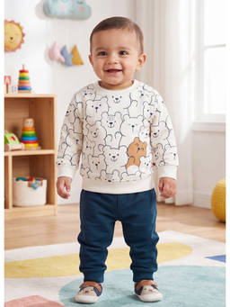 Bumzee - Off White And Teal Boys Full Sleeves Cotton Sweatshirt And Jogger