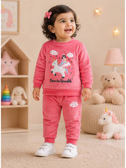 Bumzee - Coral Pink Girls Full Sleeves Velvet Sweatshirt And Joggers