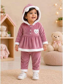 Bumzee - Rose Pink Girls Full Sleeves Velvet Hooded Top And Pant