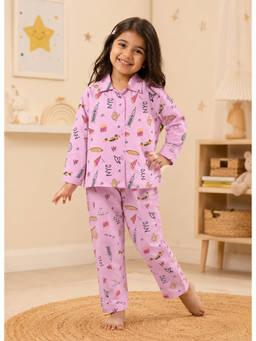 Bumzee - Pink Girls Full Sleeves Cotton Shirt And Pyjama