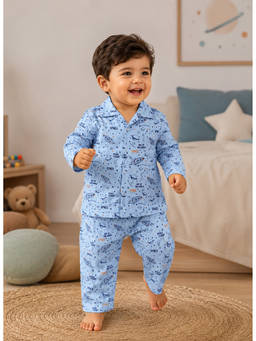 Bumzee - Sky Blue Boys Full Sleeves Cotton Shirt And Pyjama