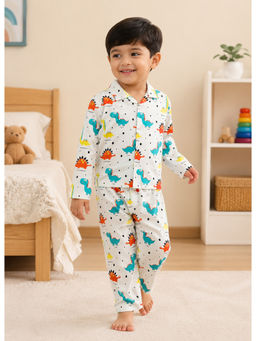 Bumzee - Off White Boys Full Sleeves Cotton Shirt And Pyjama