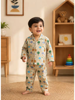 Bumzee - Beige Boys Full Sleeves Cotton Shirt And Pyjama