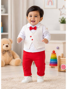Bumzee - White And Red Full Sleeves Shirt-Waistcoat & Pant With Applique Bow